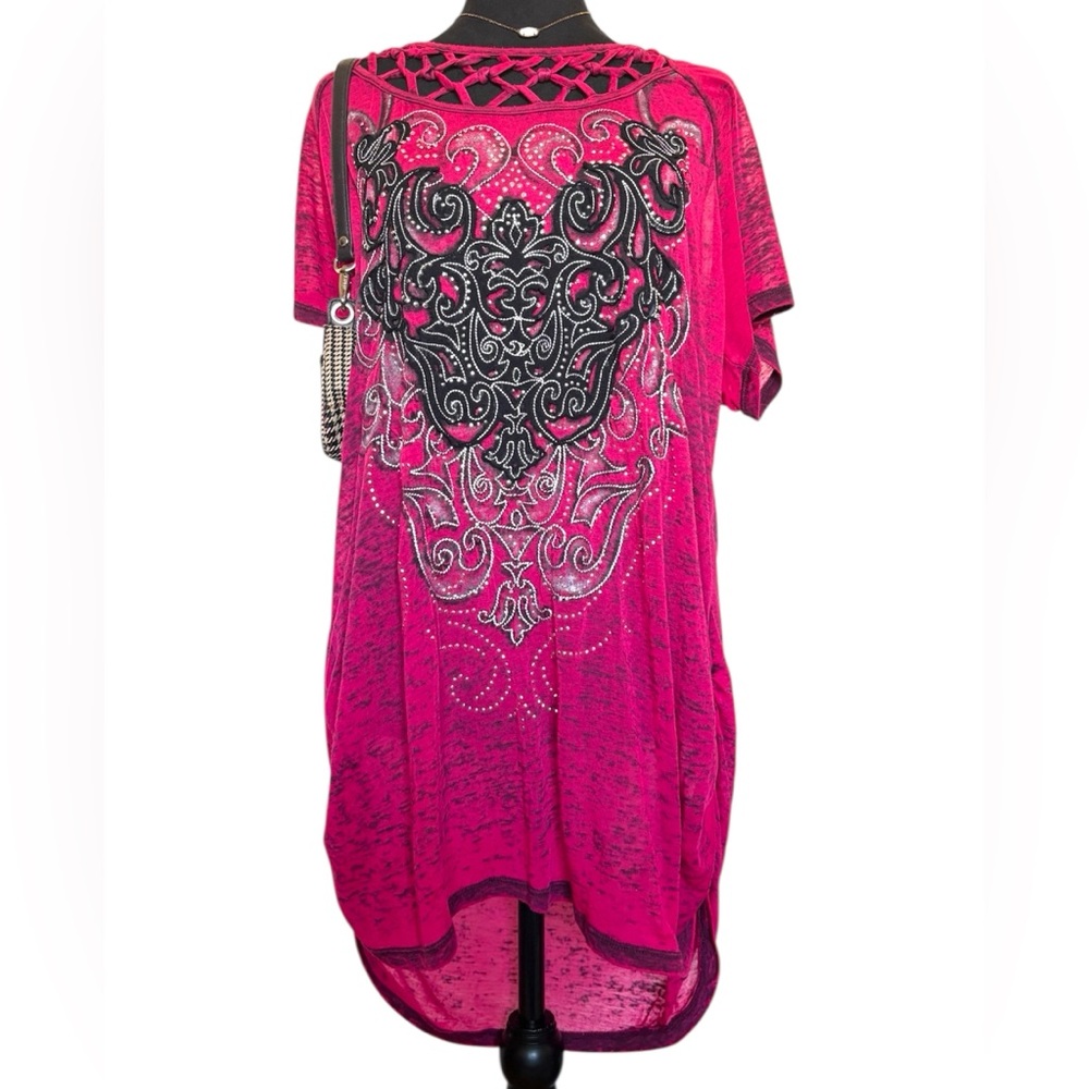 Maurices  Vintage Pink and Black Embellished Tunic Top With Cutout Neckline